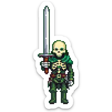 skeleton with a sword, green bones, iron sword sticker