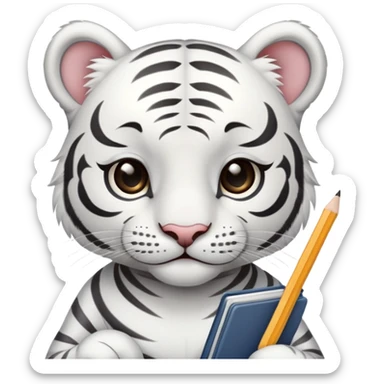 A cute white tiger holding a notebook and pencil sticker
