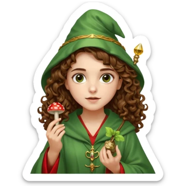 very beautiful italian girl, looking like Emma Watson, with curly and big volume very bright brown hair, and a golden piercing ring in nose on left side, dressed in a beautiful wizard robe of green colors, holding red fly mushroom sticker