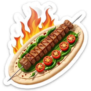 Adana kebab object icon, spicy grilled minced meat skewer, served on flatbread, grilled tomatoes and green peppers on the side, smoky char marks, juicy texture, 3D cartoon, mobile game icon style, centered, clean background, no text, no watermark
 sticker