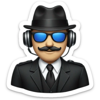 A man with a beige skin, a black suit, a tie, a fedora hat, headphones, sunglasses and a mustache sticker