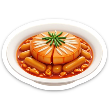 Cinematic Realistic Tteokbokki Dish Emoji, showcasing spicy, chewy rice cakes in a fiery sauce rendered with lifelike detail and bold, dynamic lighting. sticker