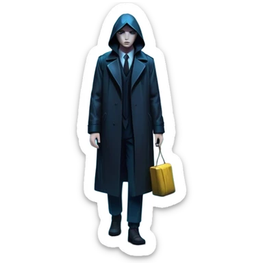 Movie Poster: A tense, gripping design with dramatic lighting. Include a mysterious figure in a dark coat standing in a rain-soaked alley, with glowing neon signs in the background. Shadows loom, and ominous shapes emerge from the mist. Suspenseful and cinematic atmosphere. Transparent background. sticker