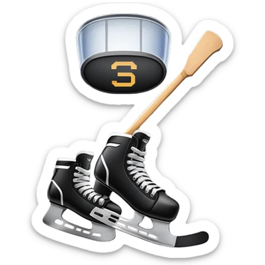 Please, make An icon featuring close-up shots of key hockey equipment: a hockey stick, puck, and skates. The background shows a packed stadium with cheering fans, bright arena lights, and an icy rink. Transparent background highlights the essentials of the game and the thrill of the sport. sticker