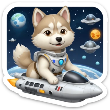 furry white coat husky in full battle gear posing cutely on a space cruiser sticker
