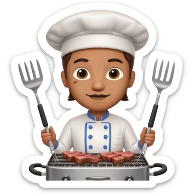 A 3D cartoon cook flipping meat on a grill with tongs, gentle smoke effect, Memoji-style lighting. sticker