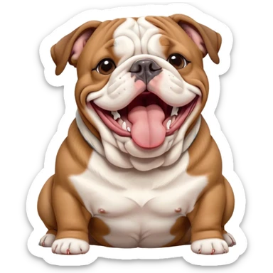 Cinematic Cute Yawning Brown and White English Bulldog Portrait Emoji, Head tilted slightly with a dramatic, wide-open yawn, showcasing a smooth brown and white coat with a defined pattern, floppy ears slightly drooping, round brown eyes barely open in drowsy contentment, Simplified yet irresistibly adorable features, highly detailed, glowing with a soft, cozy glow, high shine, relaxed yet expressive, stylized with a touch of whimsy, bright and endearing, soft glowing outline, capturing the essence of a sleepy yet affectionate guardian, so drowsy it feels like it could stretch out of the screen and curl up for a nap! sticker