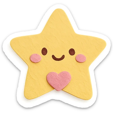 Happy pastel yellow star with a tiny pastel heart in front, no arms or legs, full body, transparent background, kawaii paper craft style. sticker