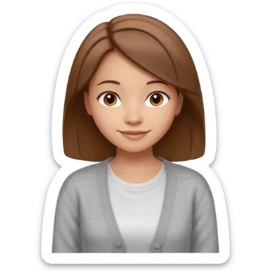 The girl has straight medium-length brown hair, light skin, wearing a white t-shirt and gray cardigan. Gentle smile, friendly neutral expression sticker