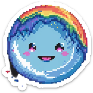 rainbow planet with colorful pixelated clouds and a happy winking face sticker