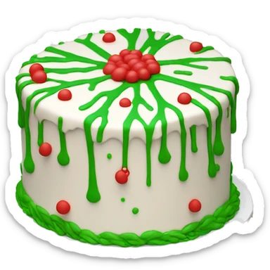 White tree shaped cake drizzled with red icing with tiny green sprinkles sticker