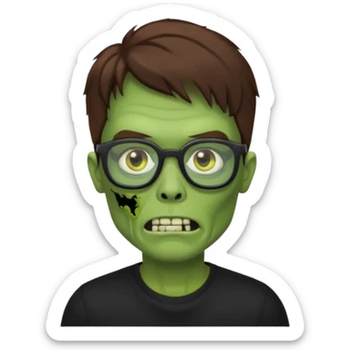 Green zombie, brown hair, black glasses, black shirt. iOS style. sticker