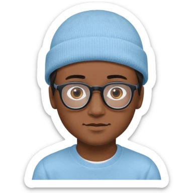 A boy or man emoji with medium-dark skin, wearing a light blue beanie and black-framed glasses, with brown eyes, dark eyebrows, a small nose, and a subtle smile on a clean-shaven face. sticker