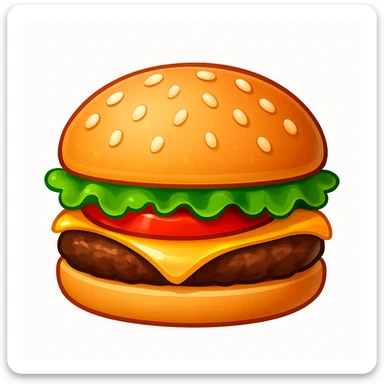 A classic single patty hamburger emoji,, glossy and colorful. Soft rounded bun with sesame seeds, one beef patty, fresh lettuce, ONE tomato slice, melted cheese, realistic but cartoonish look, clean white background sticker