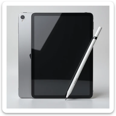 an iPad Pro with Apple Pencil, realistic style, on a white background, detailed, photorealistic, modern device, screen reflection, metallic edges sticker
