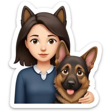 a girl with shoulder length dark brown hair with a German shepherd. emoji style, white background  sticker