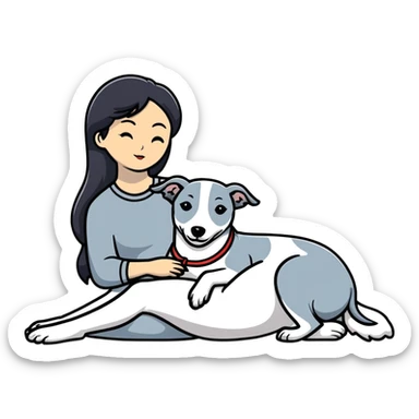 Very thin Chinese woman with long black hair relaxing in a luxurious hotel suite with exactly ONE whippet dog. EXTREME IMPORTANCE: the whippet must be ONE SOLID MEDIUM GREY COLOR (not too dark, not too light) from nose to tail with ABSOLUTELY NO WHITE MARKINGS anywhere - NO white on face, NO white on muzzle, NO white on chest, NO white on paws, NO white on tail - NOTHING BUT A SINGLE SHADE OF MEDIUM GREY throughout the entire animal sticker