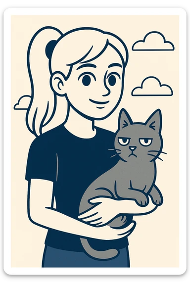 Change the girl's hairstyle to a high ponytail, keep long blond hair, brown eyes, and a grey cat, in a friendly, modern illustration style with flat blue colors and clean lines. sticker
