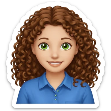 girl with brown hair, green eyes with a blue shirt no background ,young with curly hair smileing long hair sticker