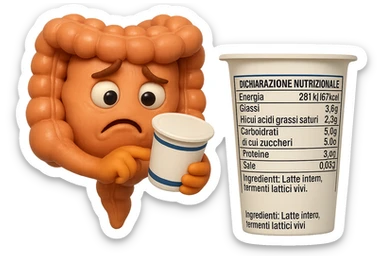 SU QUESTO STILE FAI UN EMOJI STILE IPHONE 3D DI UN INTESTINO CHE HA IN MANO UN BARATTOLO DI YOGURT CONFEZIONATO DA SUPERMERCATO E LEGGE L'ETICHETTA NUTRIZIONALE CON GLI INGREDIENTI IN ITALIANO, ACCANTO ALLO YOGURT CHE HA IN MANO C'è UN FOCUS SULL'ETICHETTA CON GLI INGREDIENTI SCRITTI, FAGLI UN ESPRESSIONE CONFUSA MENTRE LEGGE E FALLO MOLTO REALISTICO IN 3D sticker