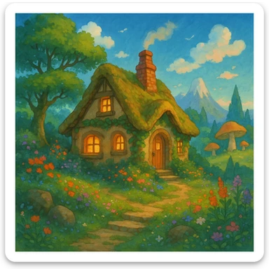 a cozy cottage in a magical landscape, Ghibli style sticker