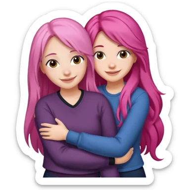 Surprisingly goofy once they open up. Strong, loyal, and incredibly supportive — but still hates wasting time. woman long pink hair hugging another woman with dark hair sticker