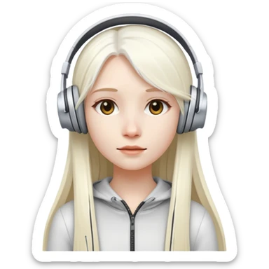girl with long white  straight hair and White head mounted headphones sticker