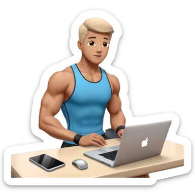 Open laptop on a dark background, showing a male fitness trainer inside a modern professional gym on the screen— smooth rounded edges, soft lighting, no text or logos, minimalistic and high-quality rendering. Only the laptop is visible, centered sticker