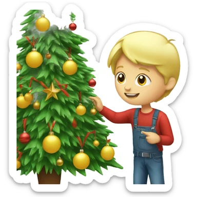 Blond boy decorating a Christmas tree sticker