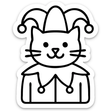 crazy cute little cat jolly joker from poker, medieval, vintage, court jester, mac os icon, purple, gold and red color, head + torso. Squared shape as 3D mac os system icon, symmetrical sticker