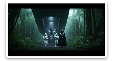 cinematic still, Medium shot, amazon jungle, Darth Vader around stormtroopers coming out from starship on ground, they are exploring the jungle, inspired by StarWars movie, captured by arri alexa sticker