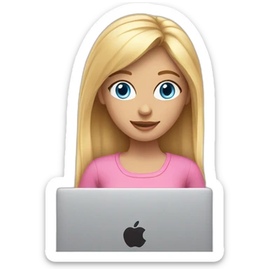 Blond girl with blue eyes typing on pink macbook sticker