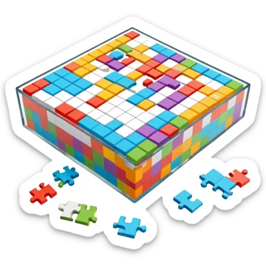 A photorealistic icon with a colorful, fragmented crossword magazine, a 3D puzzle, and a partially completed puzzle on a table. Bright, detailed design with realistic lighting. Transparent background, clearly symbolizing puzzles and brain games. sticker