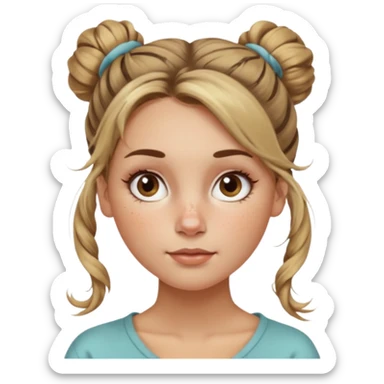 creative women with long dark Blond with highlights semi curly hair white women with hair in a messy bun, oval shape face hazel eyes long lashes freckles on the nose high cheek bones sticker