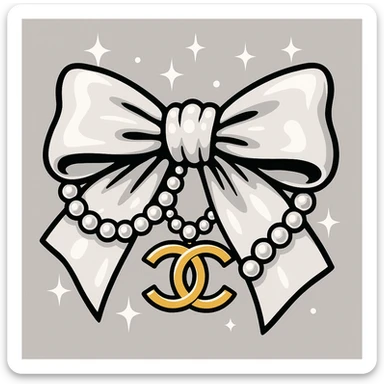 elegant bow with pearls and gold Chanel logo, sparkling effects, glossy, monochrome sticker