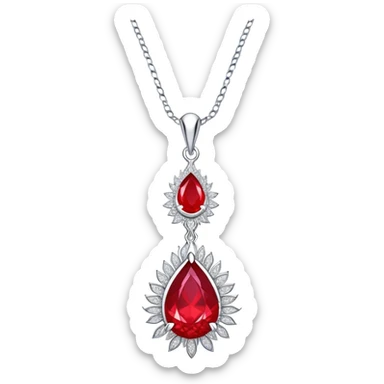 teardrop ruby pendant with fiery light, tiny phoenix feather emerging, haloed by shimmering white stones, silver chain like liquid moonlight sticker