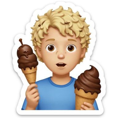 boy blonde curly hair, chef, eating big chocolate ice cream sticker