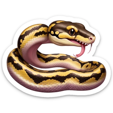 A photo-realistic digital illustration of a Ball Python, large headshot portrait. The snake has a short, rounded snout, smooth contours, and a wide, slow yawn exposing its soft pink mouth. Its head is warm brown with bold, irregular dark markings, including the signature “alien-head” pattern. sticker