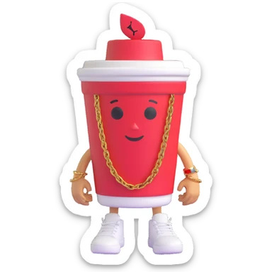 3D cartoon character of a Styrofoam cup of lean (purple drank), with a friendly face, arms, a gold chain, and Jordan sneakers, simple style sticker