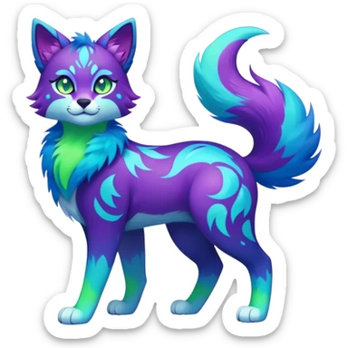 Vibrant multicolored neon-colored Falvie-Fionbri-creature-sparkle-feline-canine-hybrid-fursona, full body, fur pattern-markings sticker
