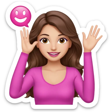 girl with long wavy brown hair, brown eyes, long lashes makeup, sexy pink lips, light to medium complexion, wearing a pink sexy top, one hand in the air high sticker