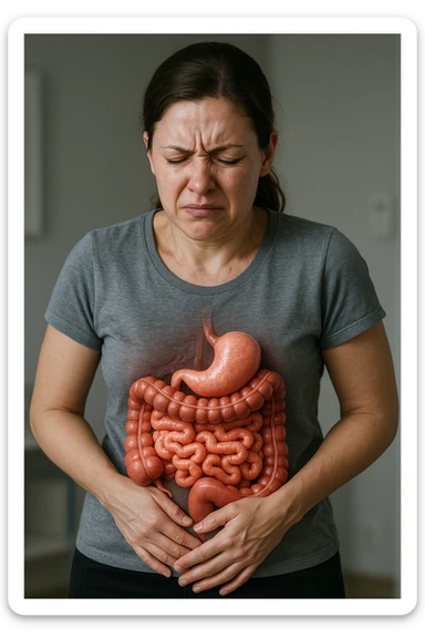 donna in piedi che si tiene la pancia con intestino umano anatomico e mal di pancia, iperrealistica 4k sticker