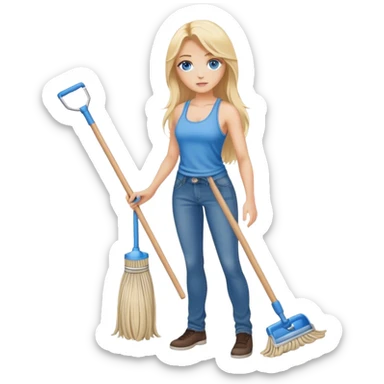 Cinematic realistic blonde with long hair and blue eyes, dressed in jeans and a tank top, holding a mop in her hands sticker