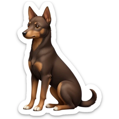 cinematic-[australian kelpie]-realistic-full-body-sitting-emoji,-tail-resting-loosely-beside-its-paws,-head-tilted-dramatically, -sleek-[Brown and tan]-fur,-simplified-yet-realistic-focused-features,-highly-detailed,-glowing-with-an-almost-sarcastic-glow sticker
