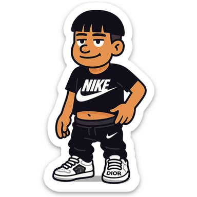 chico moreno cartoon with eyebrow-length bangs, wearing a black Nike t-shirt, black Nike pants lowered, white Dior sneakers, urban flow sticker