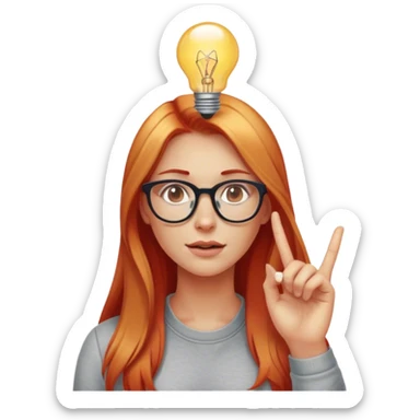 intelligent and clever, 30 year old, girl, long red and almost blond hair, glasses, has an brillant idea, light bulb over the head, casual cloth  sticker