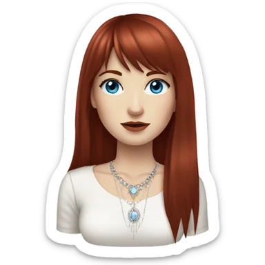 woman with pale skin, blue eyes and long dark red hair with layers and fringe bangs, wearing a white top and silver jewellery sticker