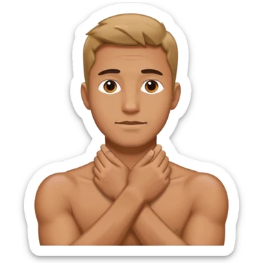 a man with his hands crossed over each other and holding his next sticker