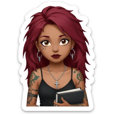 generate an ios genmoji of a dusky girl with long dark red messy hair with eyeliner on her eyes. septum piercing, wearing a cami black top, has tattoos, on shoulders. ear piercings. wearing a cross silver necklace. carrying a lot of sketchbooks


no tattoos on face sticker