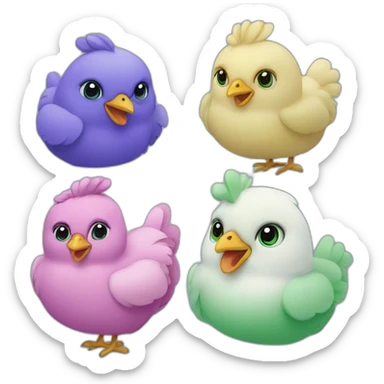 Four chickens in differents colors : blue, violet, pink and green sticker